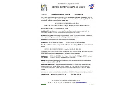 Convocation féminines M15 le Dimanche 24 Avril 2016