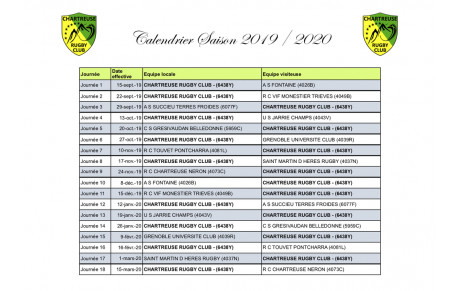 Calendrier Séniors saison 2019/2020