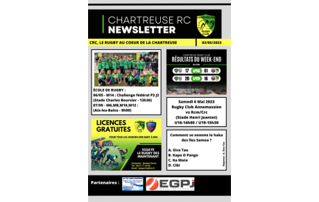 Newsletter du Chartreuse Rugby Club du 03/05/2023